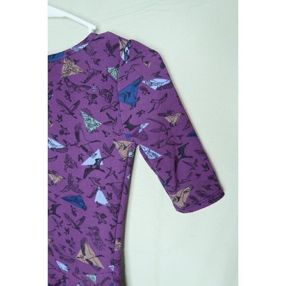 LuLaRoe Nicole Dress Fit Flare Purple Bird Patterned Stretch Scoop Neck Size XXS - Picture 8 of 12
